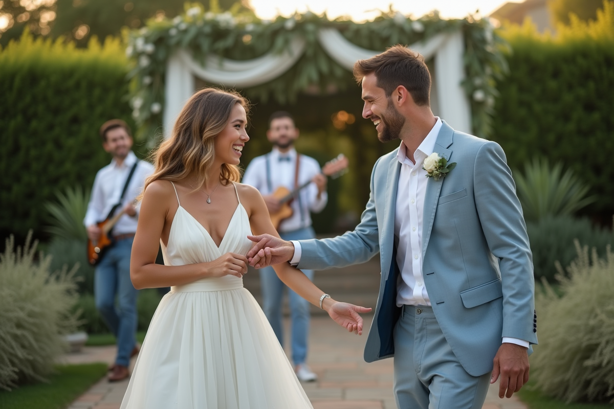 Jeune couple de mariés dansant en extérieur avec groupe live