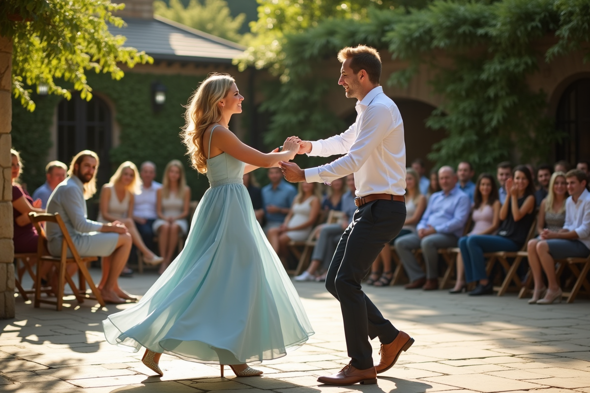 Nouveaux mariés dansant en extérieur dans un jardin ensoleille