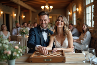 Jeune couple jouant à un jeu vintage lors d'un mariage