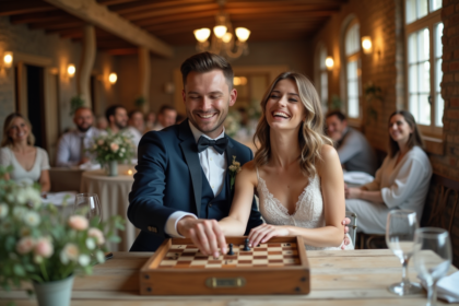 Jeune couple jouant à un jeu vintage lors d'un mariage