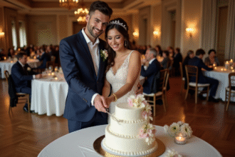 Jeune couple en mariage coupe leur gâteau de noces