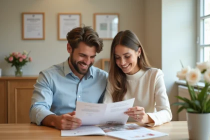 Jeune couple souriant préparant décoration mariage en intérieur