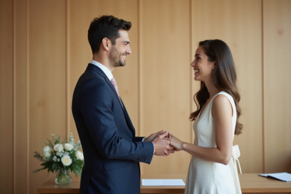 Jeune couple échangeant vœux de mariage dans une mairie