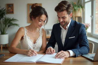 Jeune couple en mariage préparant des invitations