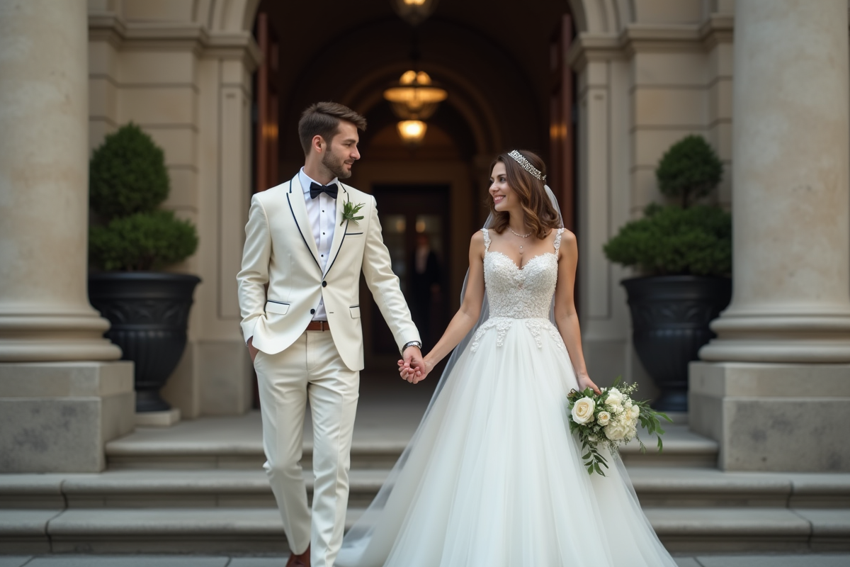 Jeune couple marié devant la mairie en milieu urbain