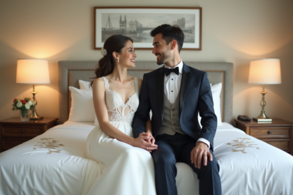 Jeune couple marié souriant dans une chambre élégante