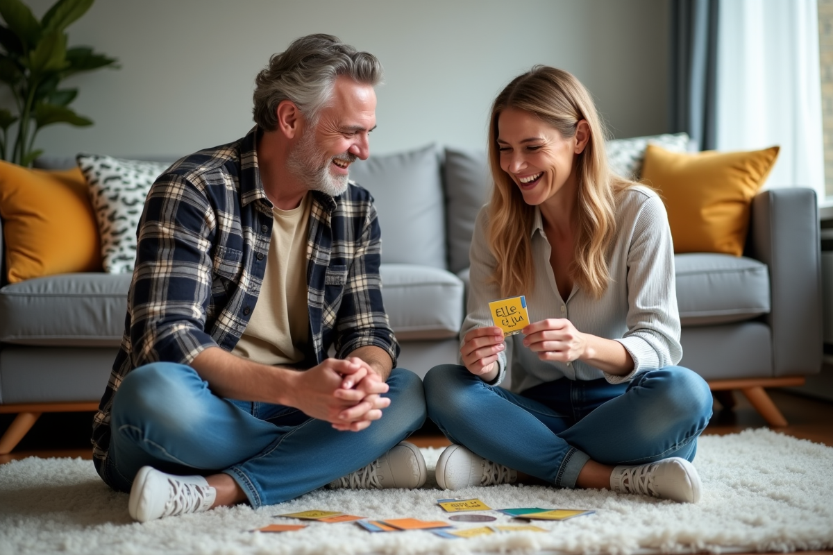 Couple riant en jouant avec des cartes Elle et Lui dans le salon