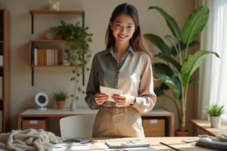 Jeune femme en blouse colorblock compare des échantillons textiles