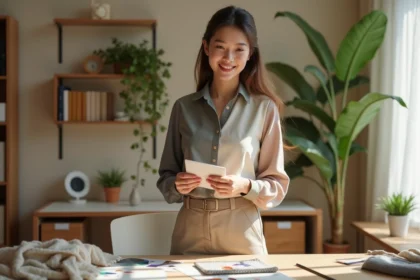 Jeune femme en blouse colorblock compare des échantillons textiles