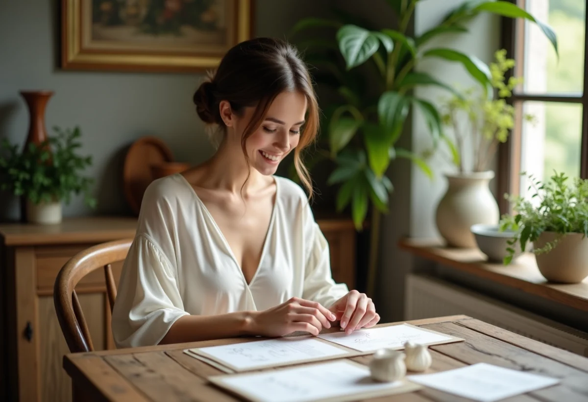 Jeune femme en robe ivoire arrangeant invitations mariage