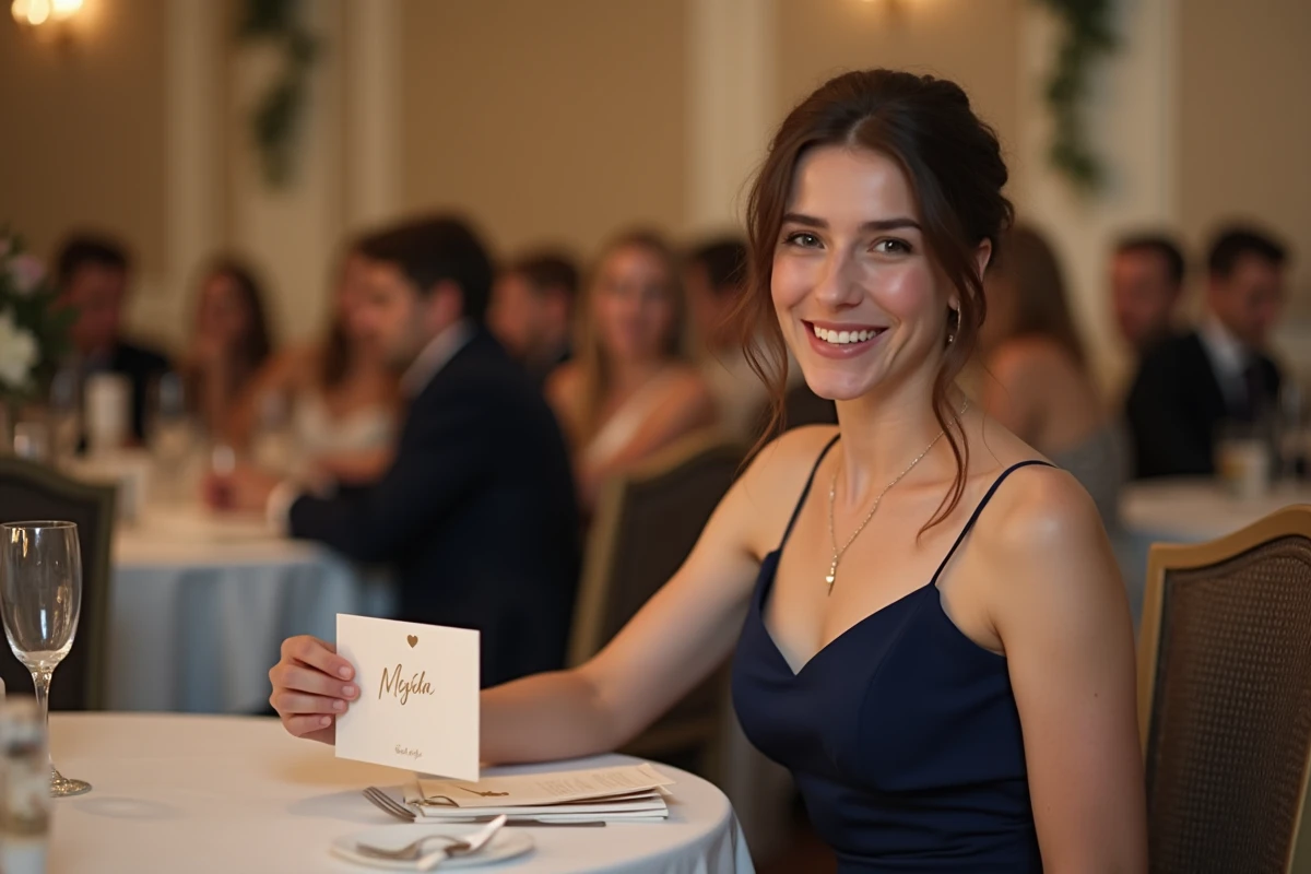 Jeune femme souriante avec carte de mariage élégante