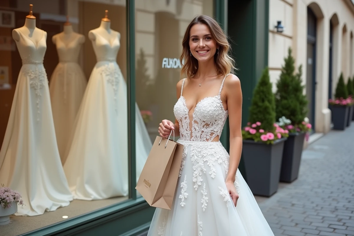 Jeune mariée en robe minimaliste dans la ville de Bordeaux