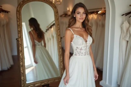 Jeune femme en robe de mariée dans une boutique élégante