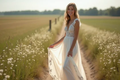Jeune femme souriante en robe de mariée champêtre