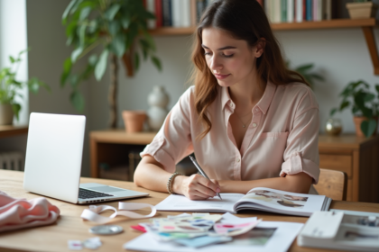 Jeune femme organisée planifiant mariage à la maison