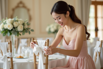 Jeune femme en robe blush attache une housse de chaise en satin blanc
