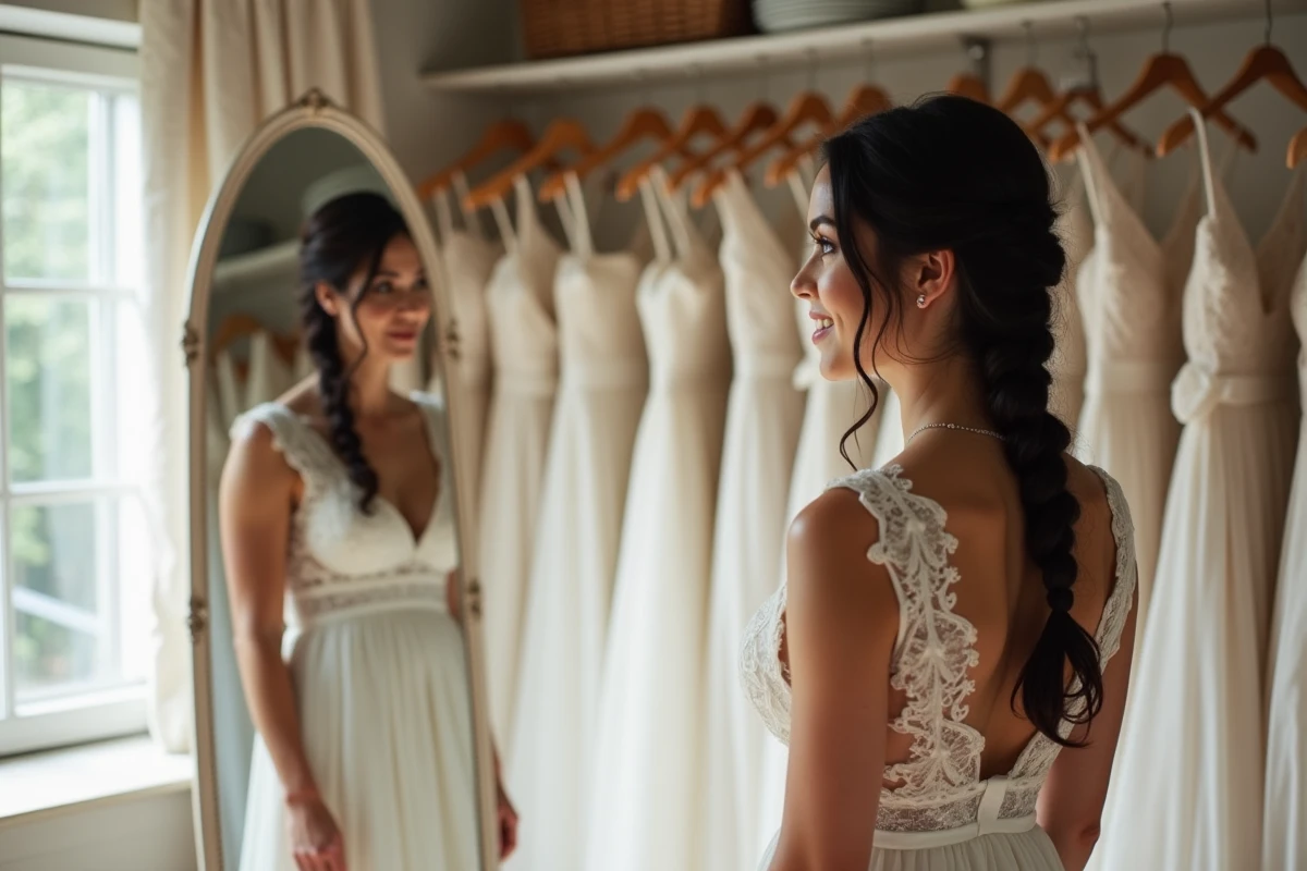 Jeune mariée essayant une robe dans une boutique rustique