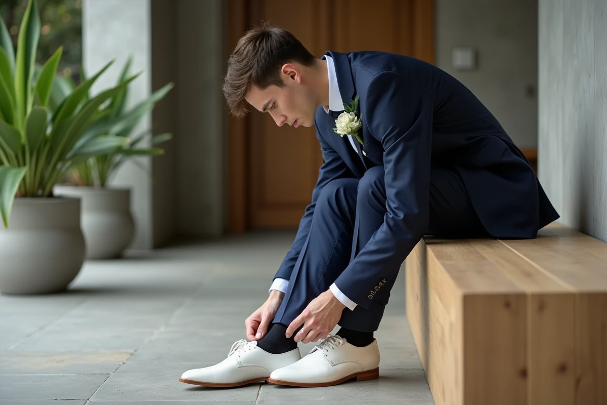 Jeune homme en costume navy ajuste ses chaussures de mariage