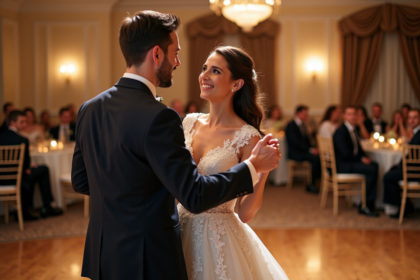 Jeune couple de mariés dansant lors de leur premier mariage dans une salle élégante