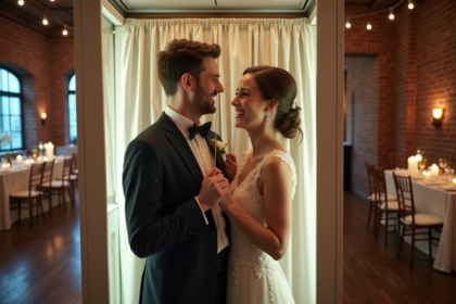 Jeune couple de mariés souriant dans une cabine photo moderne