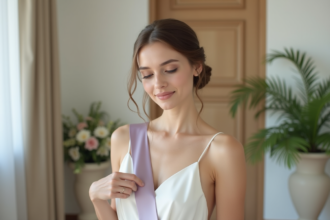 Jeune mariée en robe minimaliste ajuste une ceinture lavande