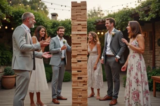 Groupe d'invités jouant au Jenga géant lors d'une réception de mariage en plein air sur une terrasse rustique décorée