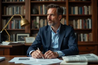Journaliste et directeur de rédaction en costume marine assis à son bureau entouré de journaux et livres politiques