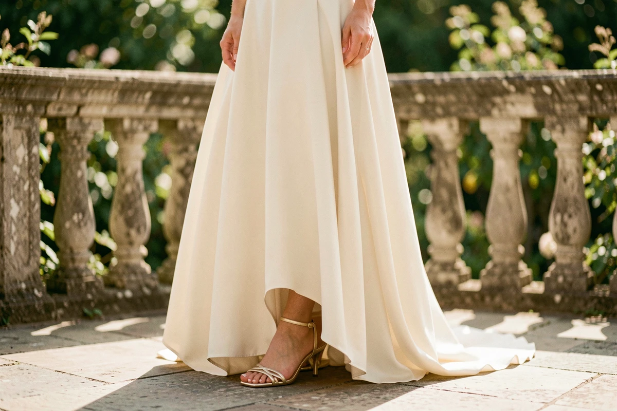 Mariée portant des kitten heels dorés sur une terrasse extérieure, vue trois-quarts mettant en valeur le confort et l'élégance
