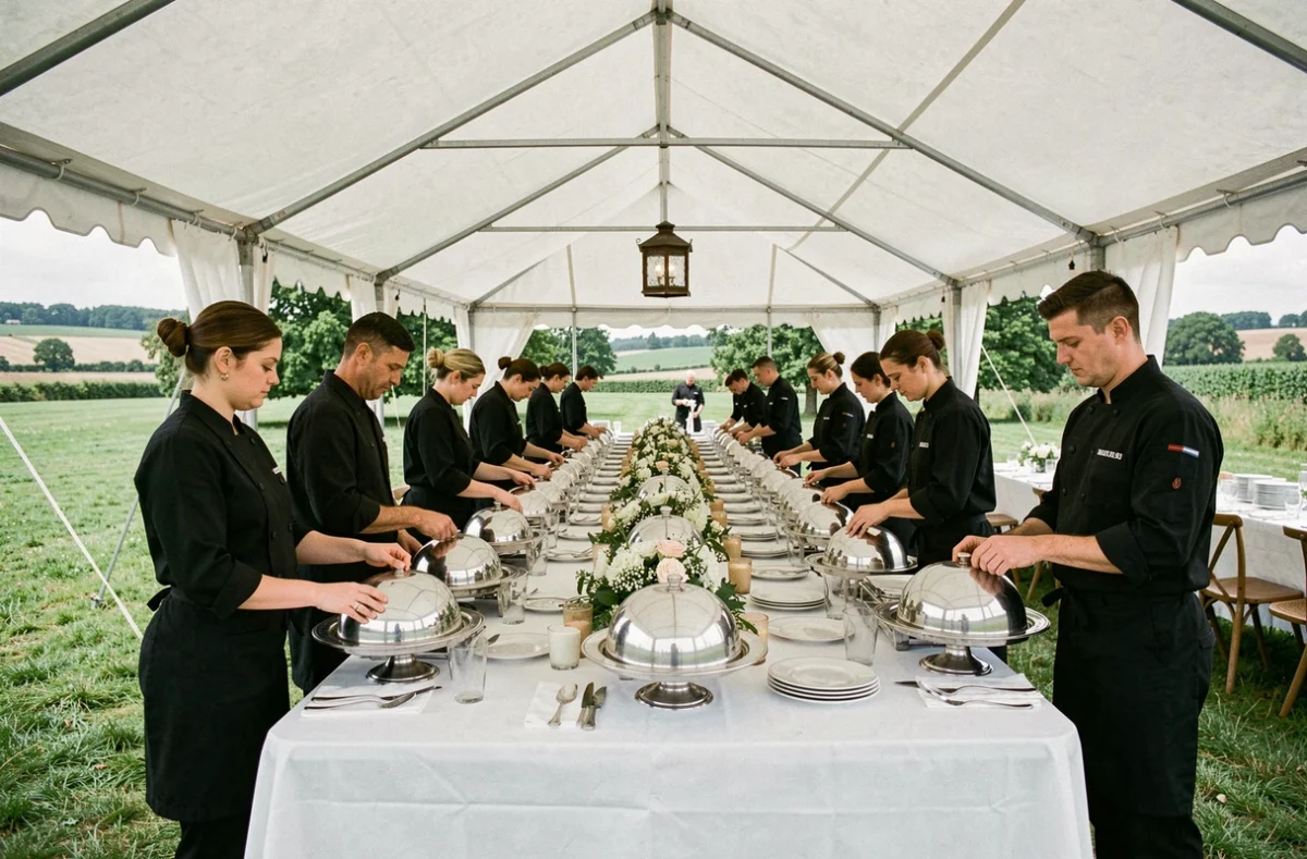 Équipe de LB Traiteur installant les tables d'un banquet de mariage sous une tente de réception en campagne nordiste