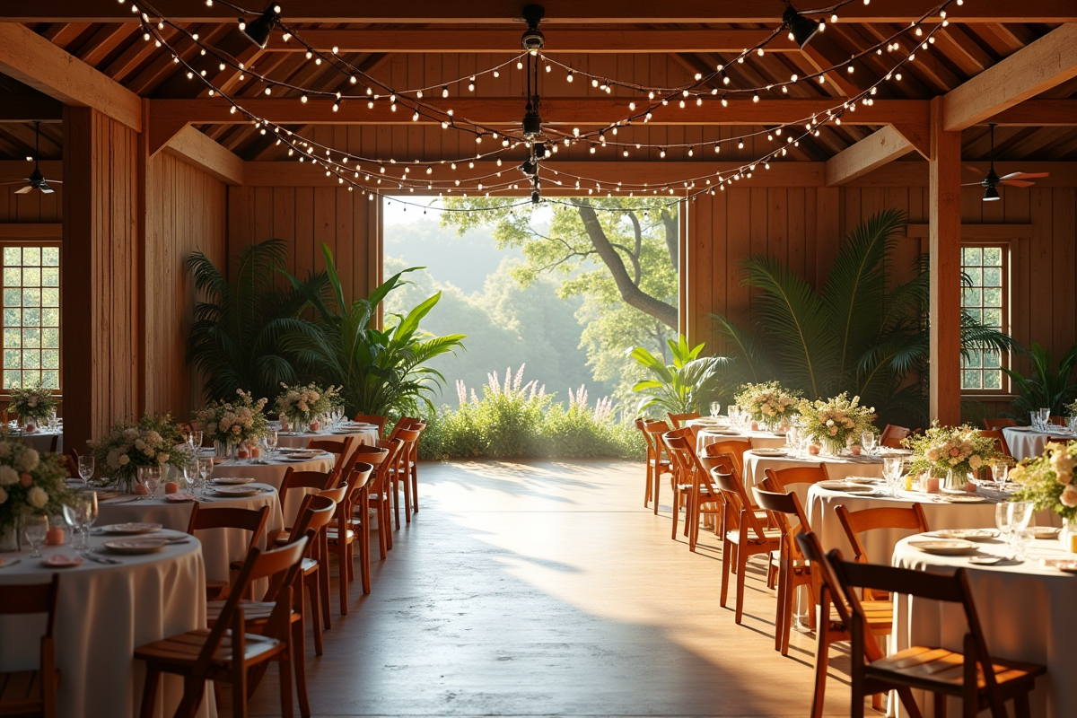 Lieu de mariage rustique avec tables rondes et lumières tamisées