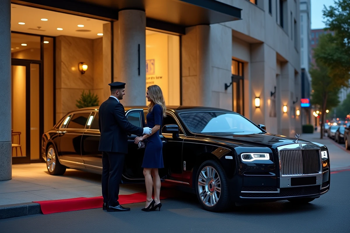Limousine noire devant un hôtel urbain avec chauffeur en uniforme ouvrant la porte pour une femme élégante lors d'un anniversaire