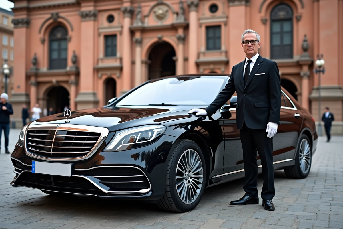 Berline de prestige Mercedes noire avec chauffeur devant le Capitole de Toulouse pour location voiture mariage
