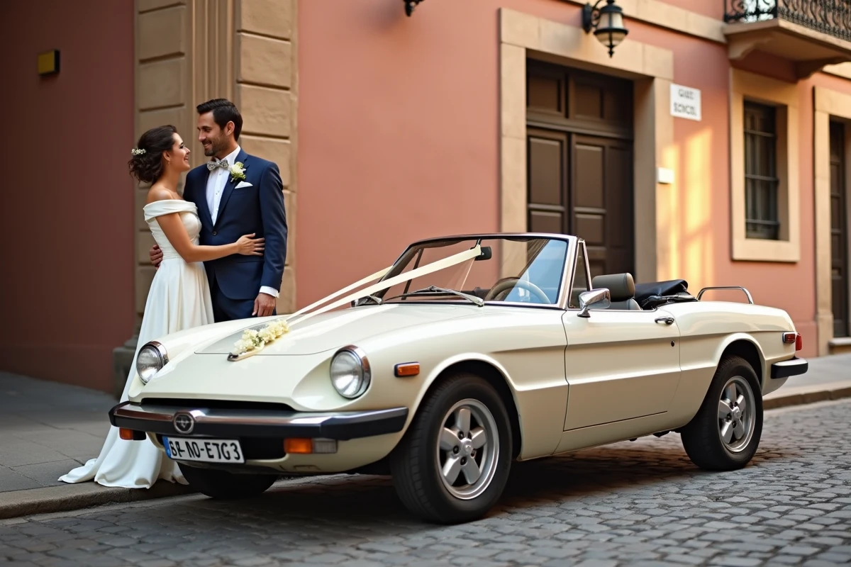 Location cabriolet blanc pour mariage à Toulouse avec couple de mariés devant architecture en briques roses