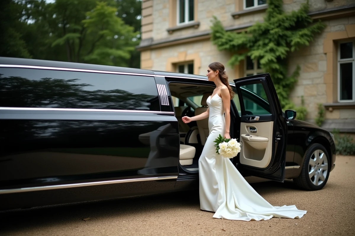 Mariée sortant d'une limousine noire devant un château près de Toulouse lors d'une location voiture mariage