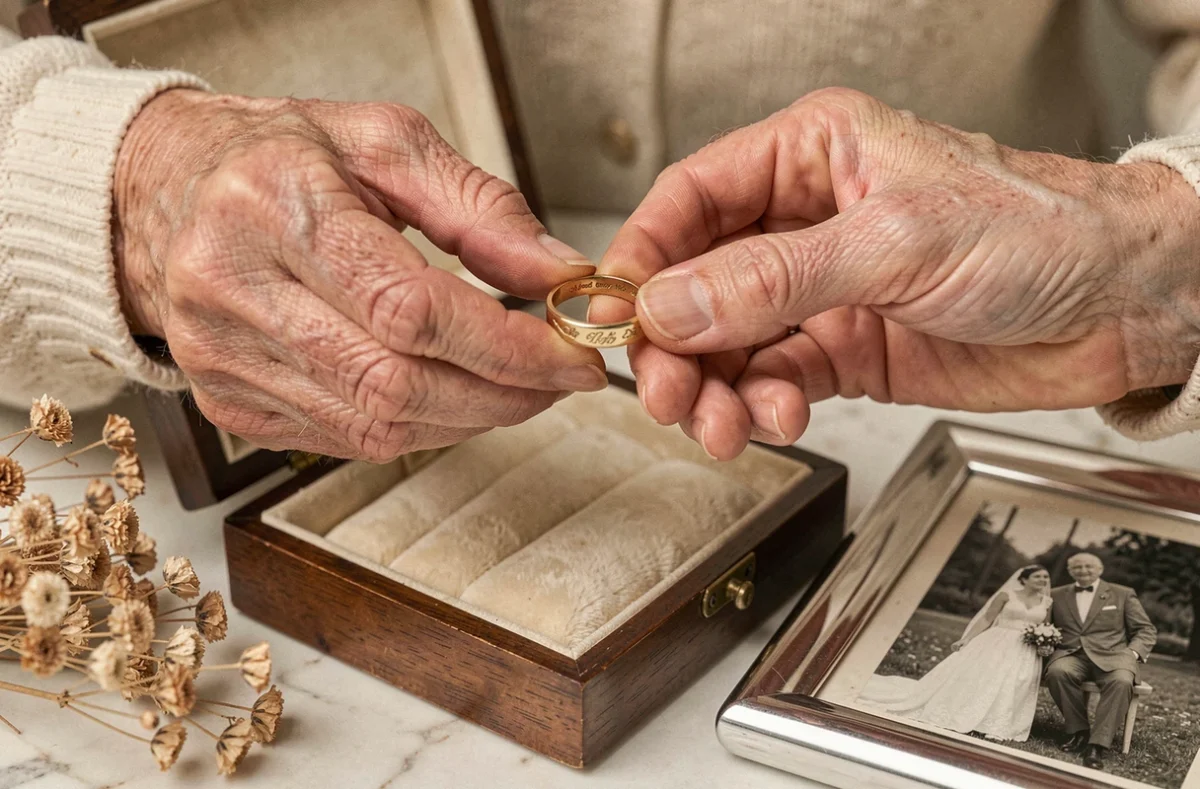 Gros plan sur des mains de personnes âgées tenant une alliance en or au-dessus d'un écrin ancien, symbole des cinquante ans de mariage