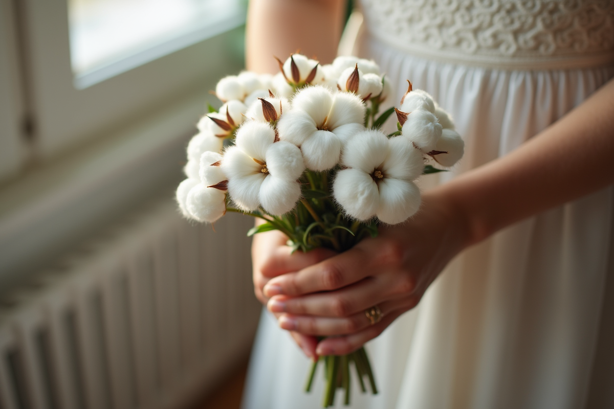Mains entrelacees tenant un bouquet de fleurs de coton