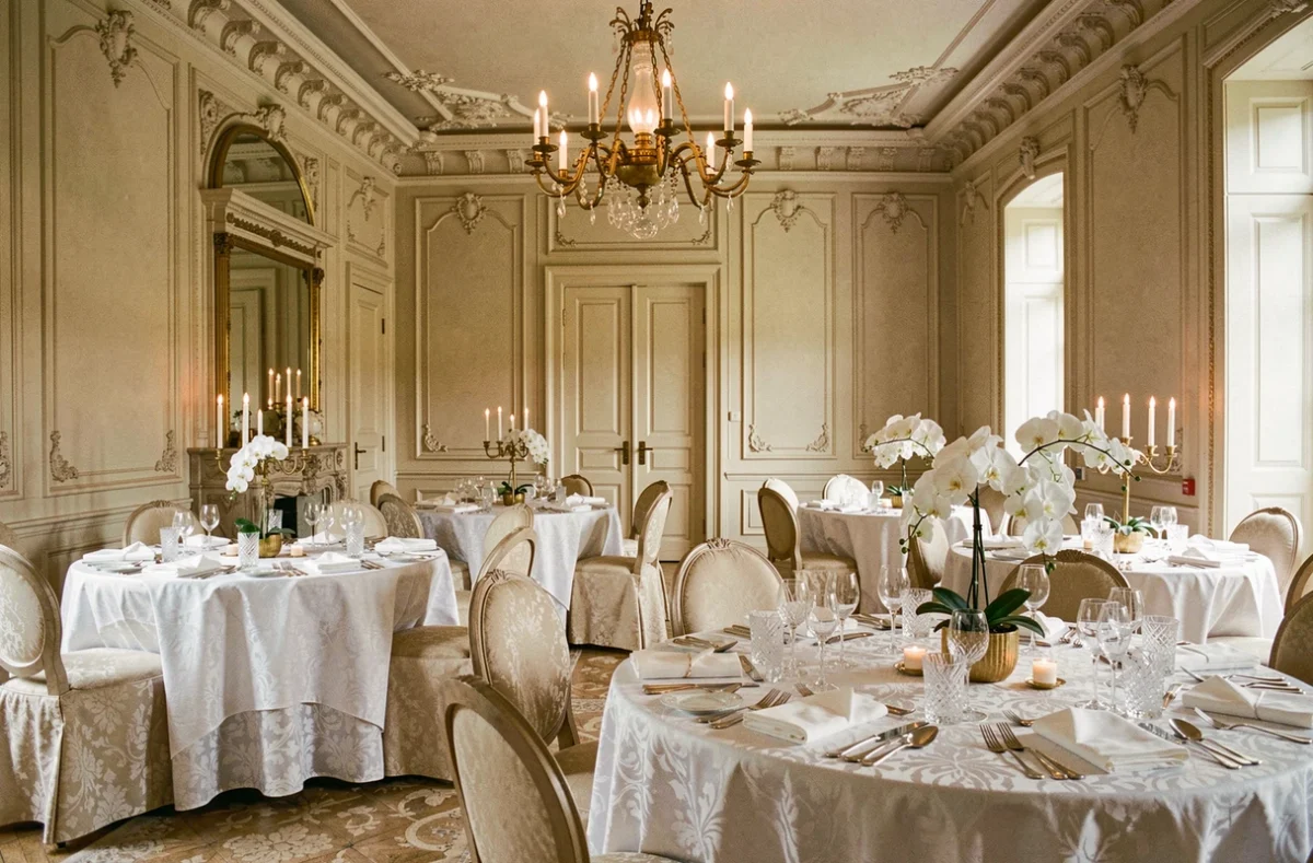 Salle de réception de la Maison Delavier Traiteur magnifiquement décorée pour un dîner de mariage