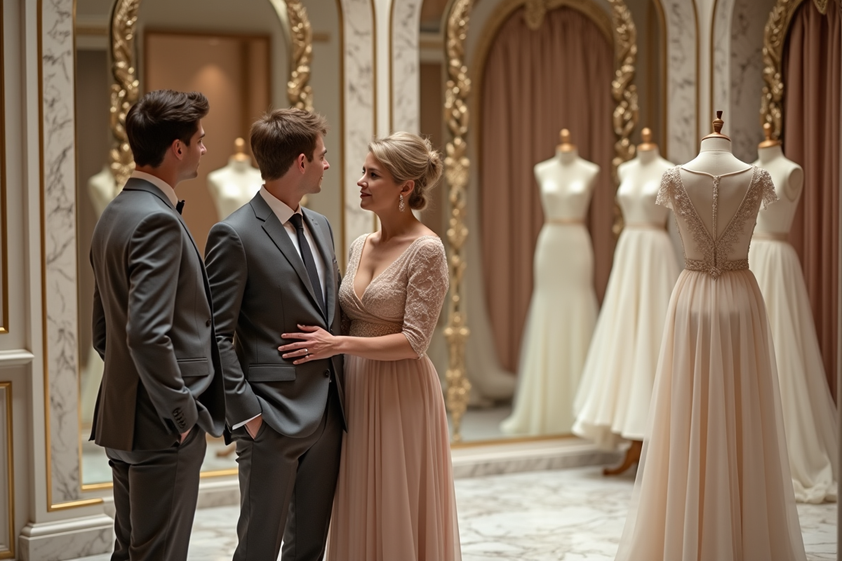 Mère et fils avec sa fiancée examinant des robes de mariage dans une boutique élégante