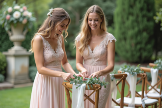 Jeune mariée et mère décorant chaises de mariage en extérieur
