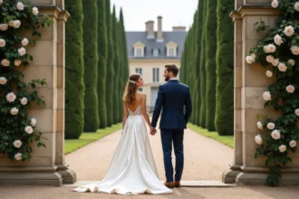 Mariés devant l'entrée d'un domaine privé en France pour leur mariage en privatisation de château