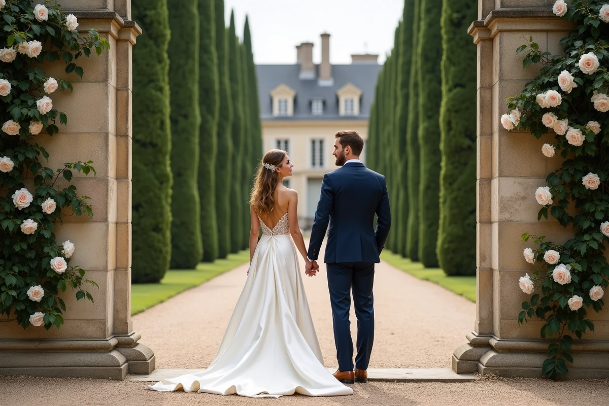 Mariés devant l'entrée d'un domaine privé en France pour leur mariage en privatisation de château