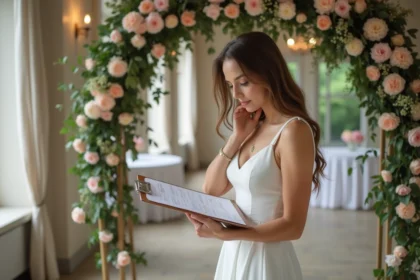 Jeune mariée en blanc avec un dossier floral lors d'un mariage