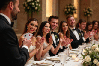 Invités de mariage rieurs regardant un magicien