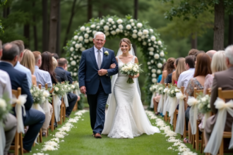 Mariage en plein air avec la mariée et son père dans un jardin