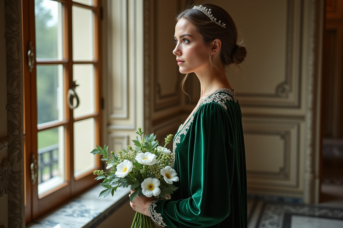 Mariée en robe de velours vert émeraude élégante