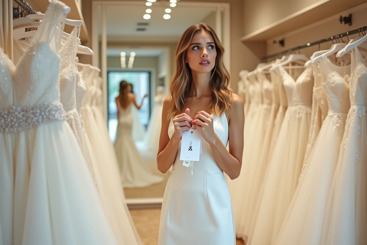 Mariée regardant des étiquettes de prix dans un magasin de robes de mariée, expression inquiète face au budget
