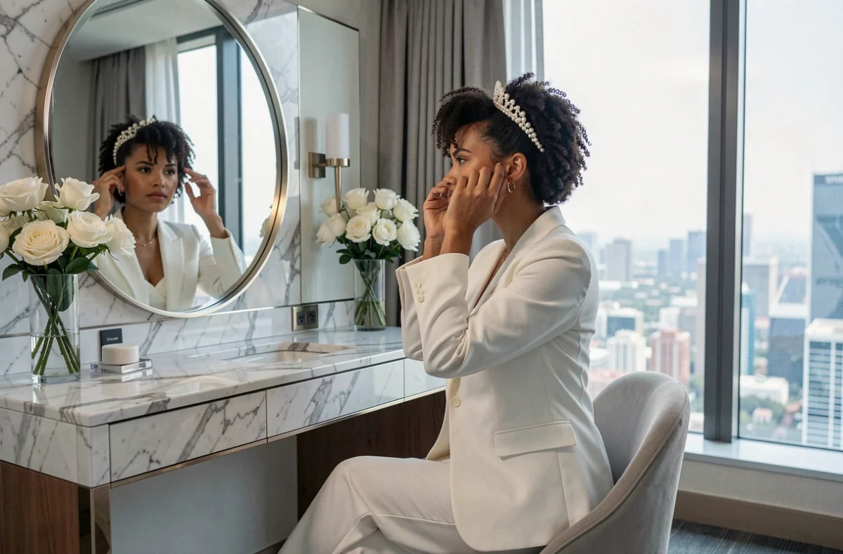 Mariée aux cheveux courts bouclés avec un diadème de perles et un costume nuptial blanc, se regardant dans un miroir de suite hôtelière contemporaine