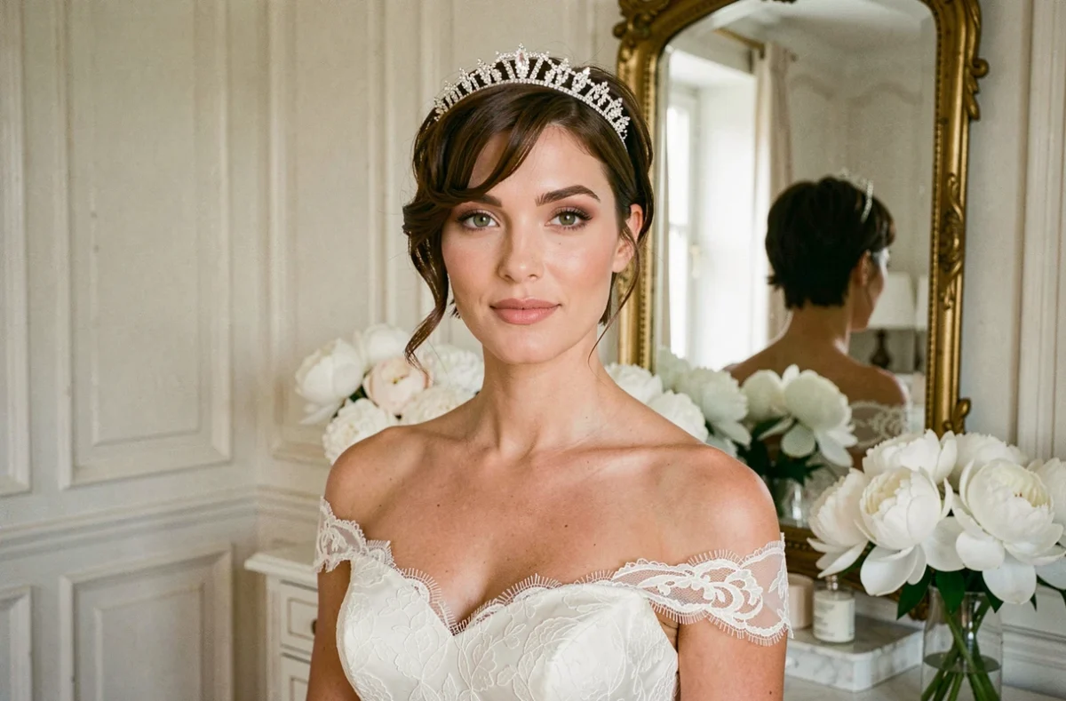 Mariée aux cheveux courts avec un diadème en cristal et une robe de mariée en dentelle ivoire, portrait élégant dans un château français
