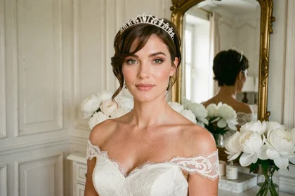Mariée aux cheveux courts avec un diadème en cristal et une robe de mariée en dentelle ivoire, portrait élégant dans un château français