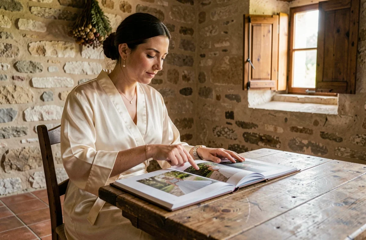 Future mariée consultant un portfolio de photographe de mariage dans un mas provençal
